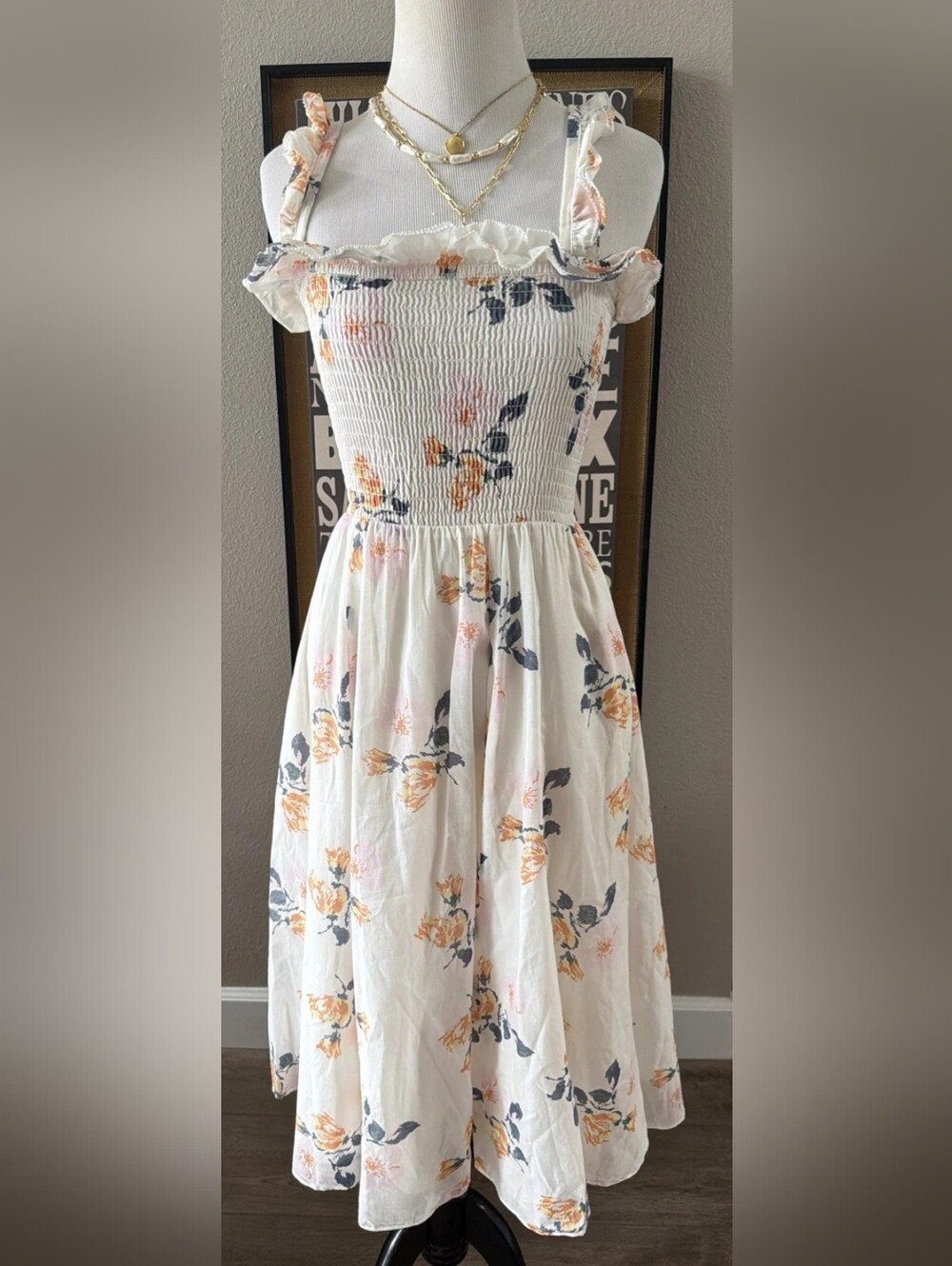 Smocked White Floral Midi Dress with Ruffle Straps